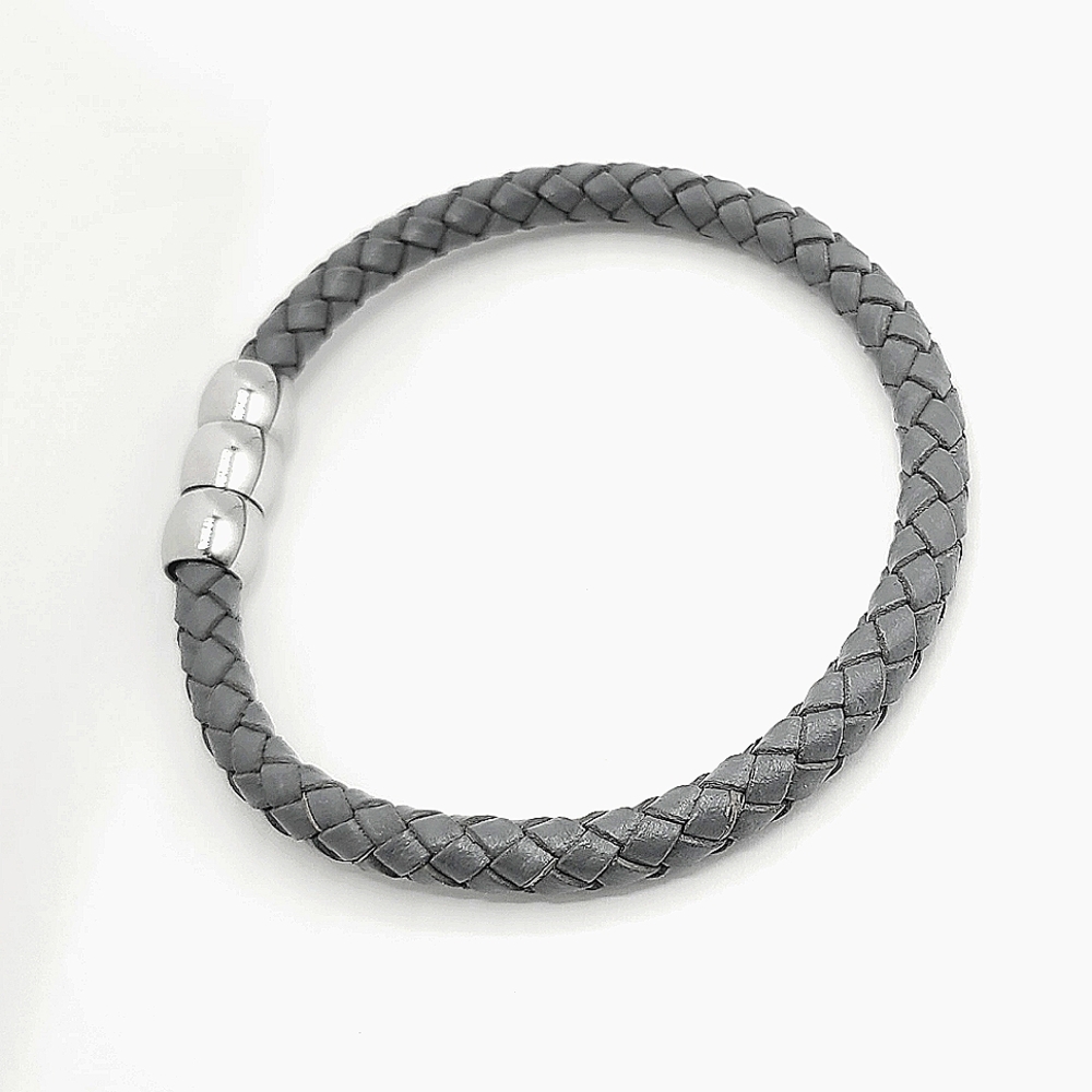 Unisex Gray Braided Leather 5mm SS Magnetic Clasp Bracelet